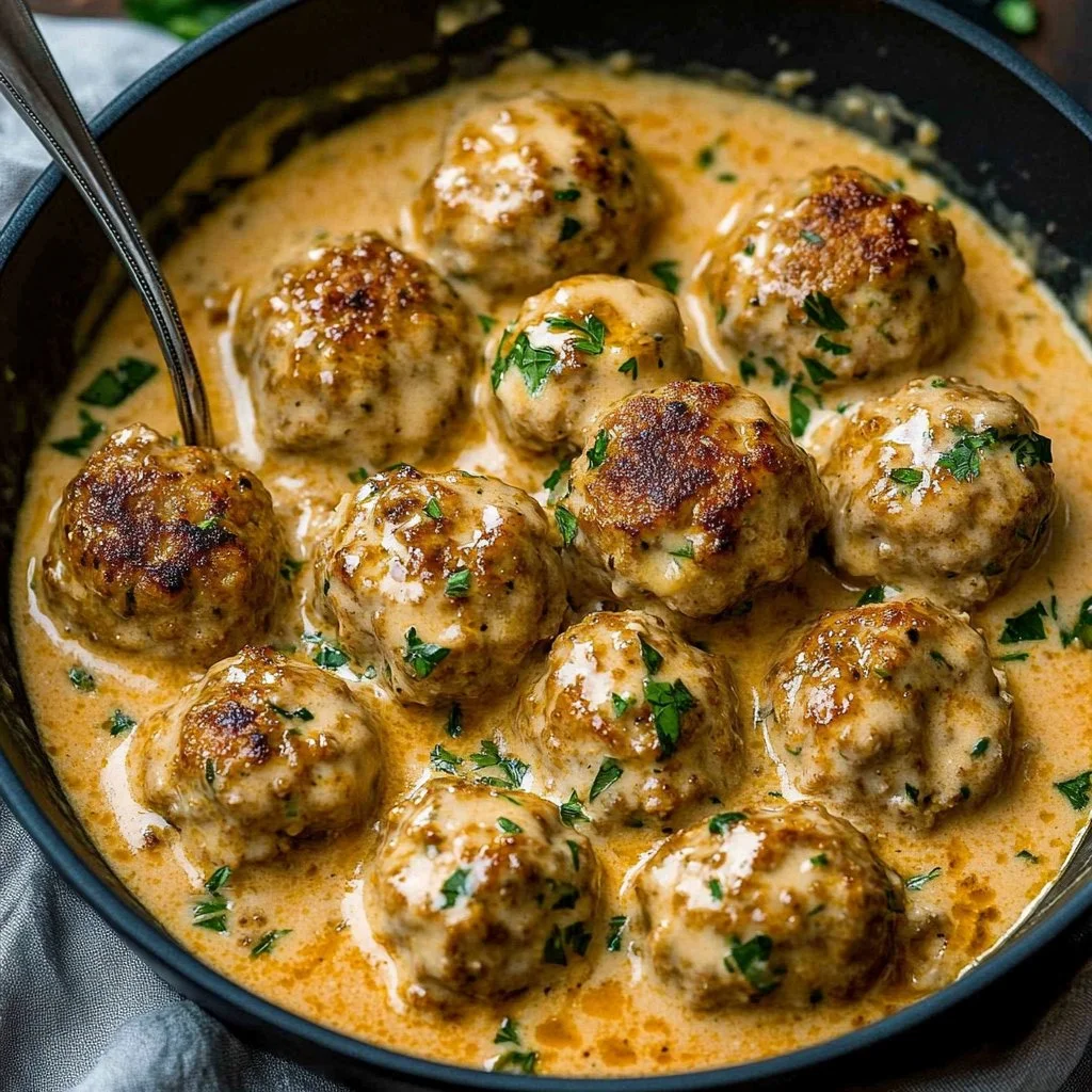 Keto Turkey Meatballs served in a creamy sauce garnished with herbs