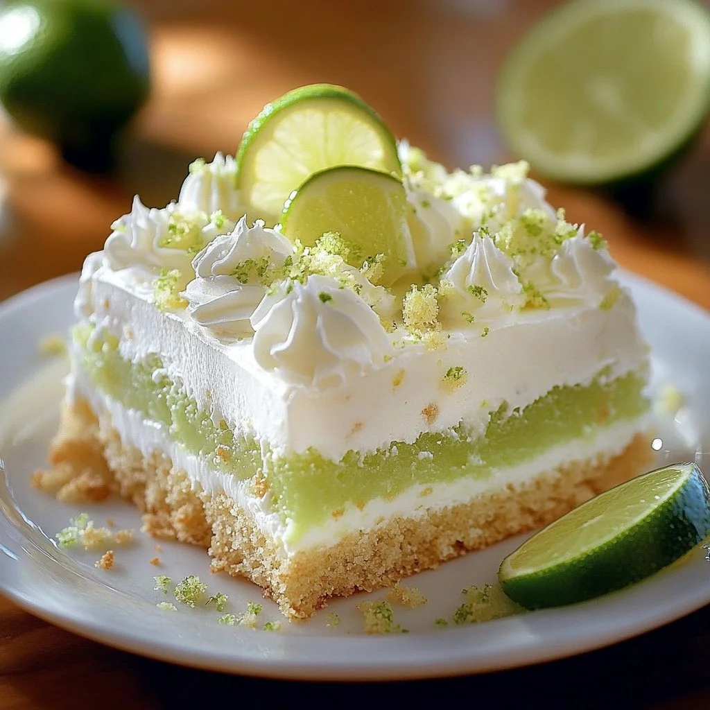 Delicious Key Lime Poke Cake topped with whipped cream and lime zest