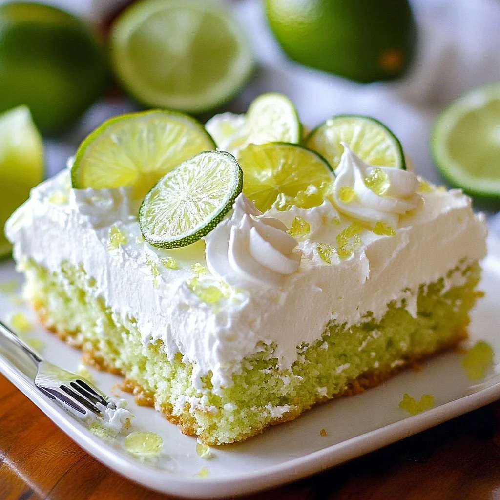 Sliced Key Lime Poke Cake with lime garnish on a white plate