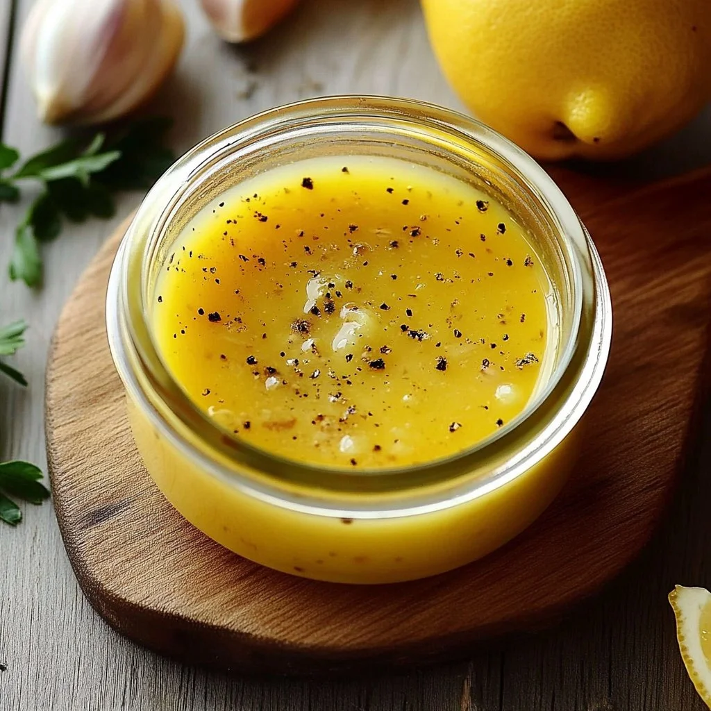 Freshly made lemon garlic dressing in a jar with herbs
