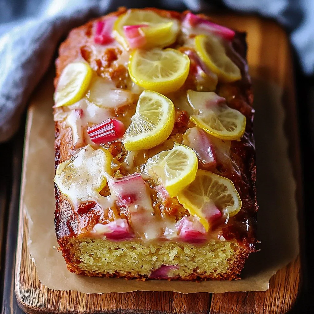 Freshly baked Lemon Rhubarb Loaf with a slice cut out showing its vibrant interior.