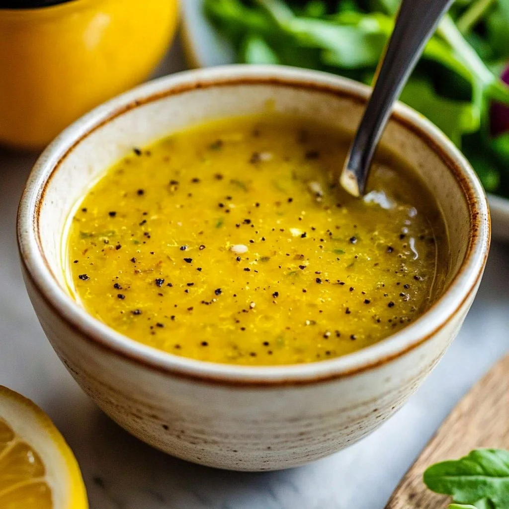 Homemade Lemon Vinaigrette Dressing in a glass jar with fresh lemons