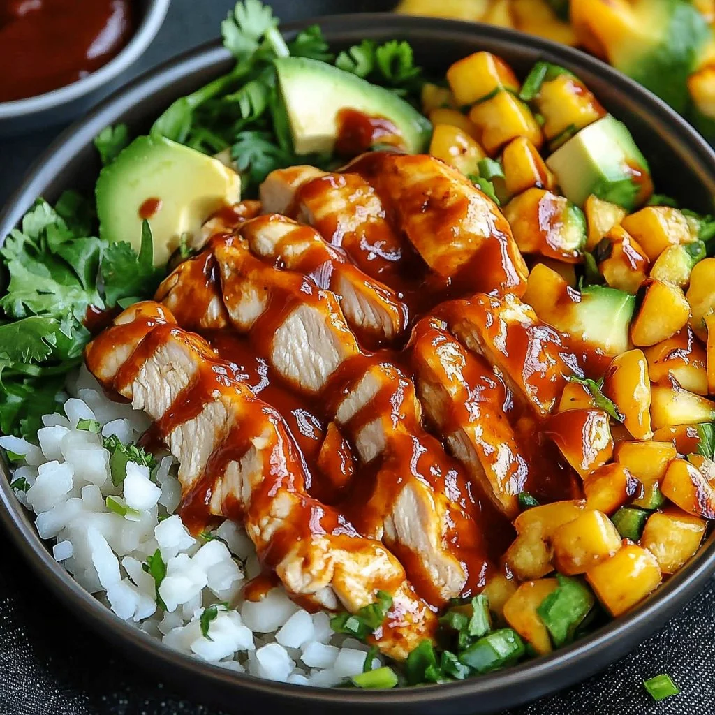 Low Carb BBQ Chicken Bowl with grilled chicken and fresh vegetables