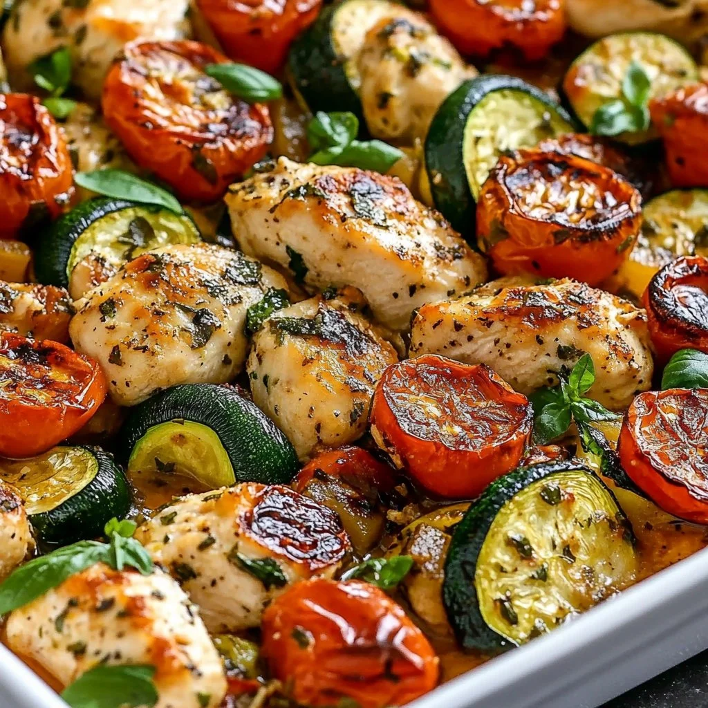 Mediterranean Chicken Zucchini Bake served in a dish with fresh herbs