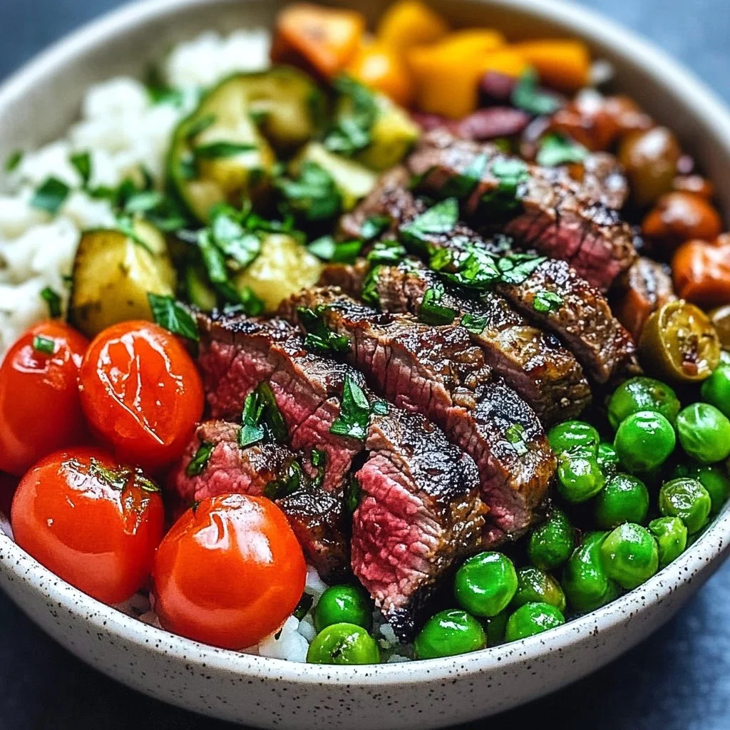 Mediterranean steak bowl featuring grilled steak, fresh vegetables, and vibrant sauces.