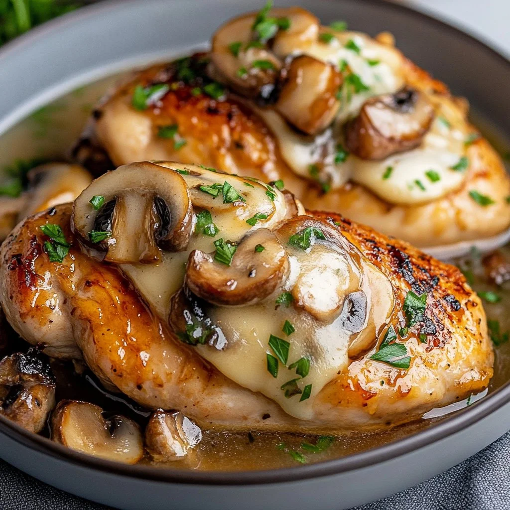 Mouthwatering mushroom stuffed chicken breast garnished with herbs