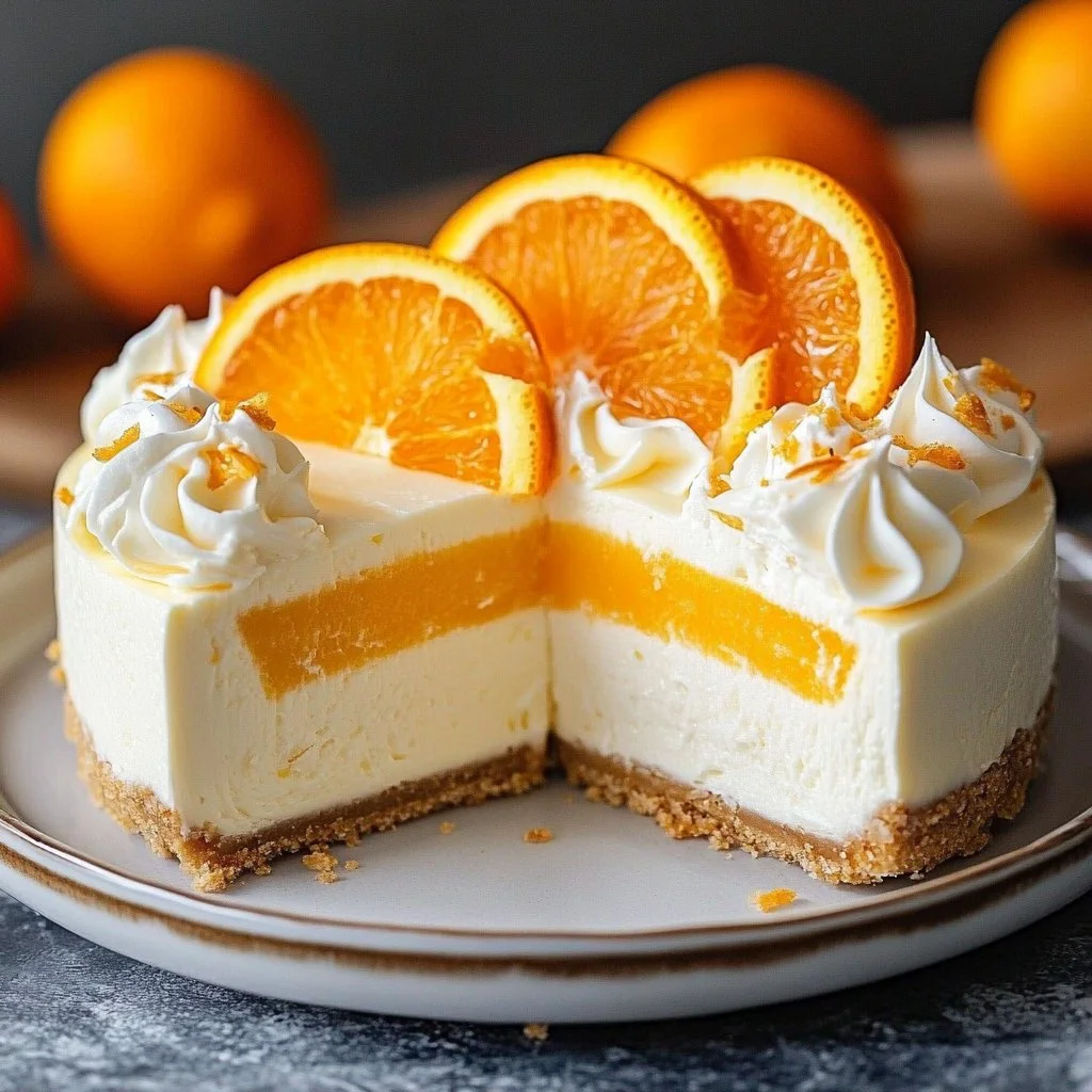 Slice of Orange Creamsicle Cheesecake on a white plate garnished with orange zest.