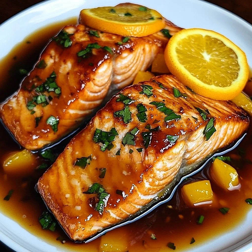Delicious Orange Glazed Salmon with citrus sauce, served on a plate