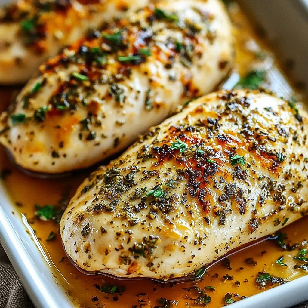 A delicious plate of oven baked chicken breast garnished with herbs.