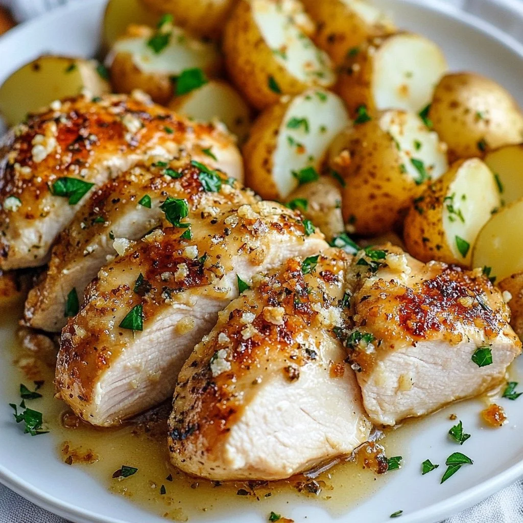 Parmesan Chicken thighs with roasted potatoes on a serving plate