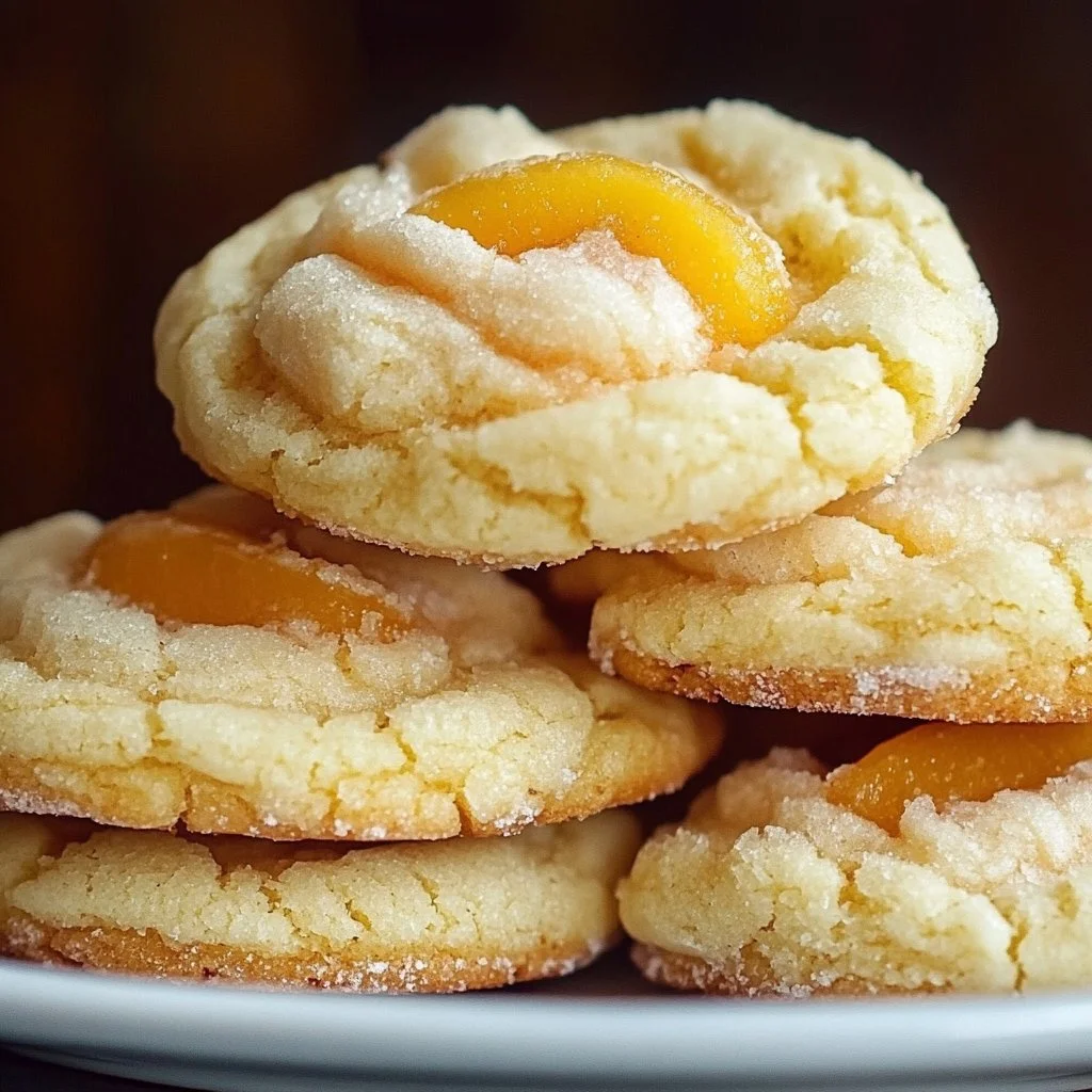 Freshly baked Peaches n' Cream Cookies with peach slices and cream topping