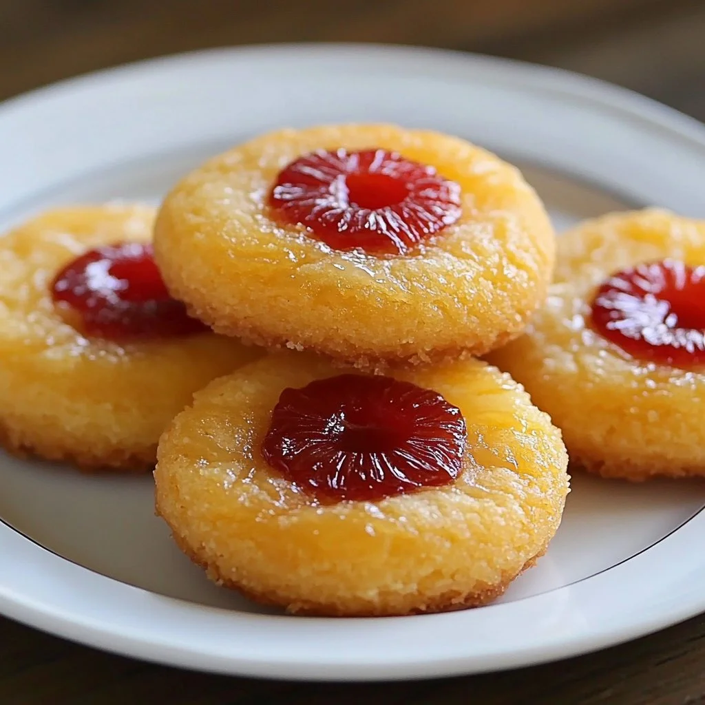 Pineapple Upside Down Cookies on a plate with a colorful background
