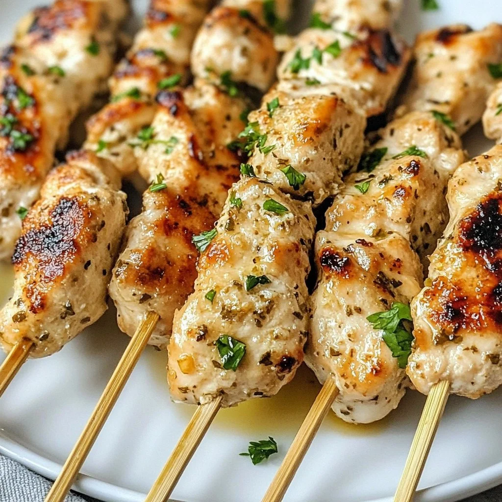 Delicious Ranch Garlic Parmesan Chicken Skewers ready for grilling