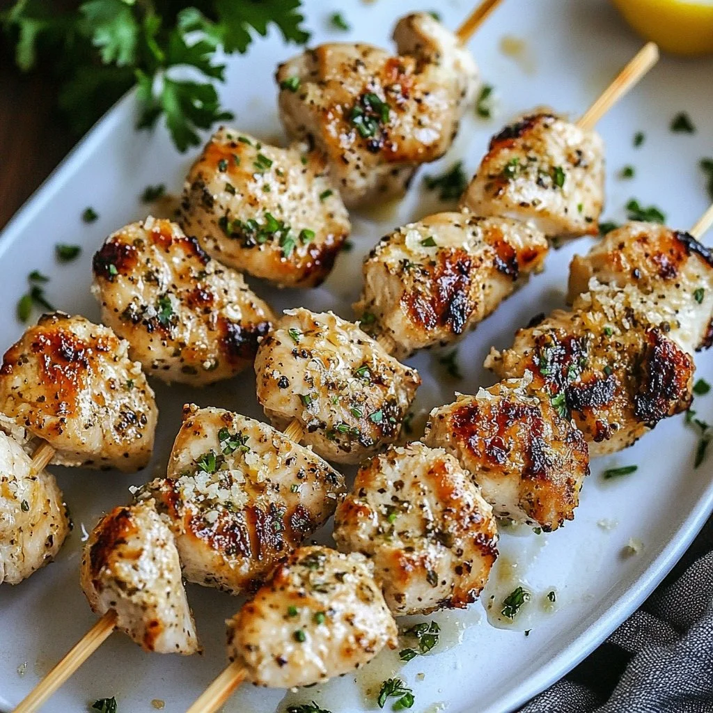 Delicious Ranch Garlic Parmesan Chicken Skewers served on a plate