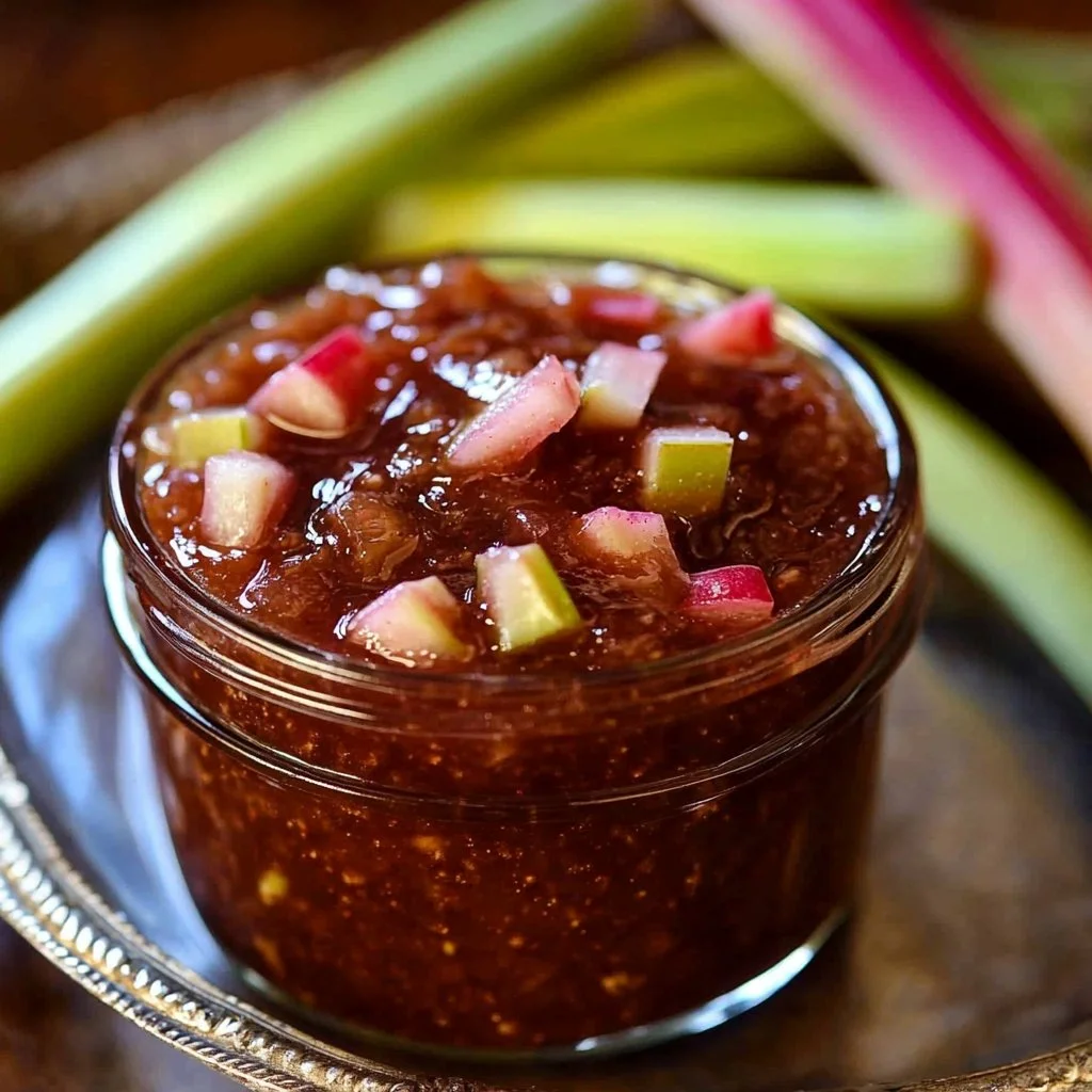 Homemade rhubarb cinnamon jam in a jar with a spoon.