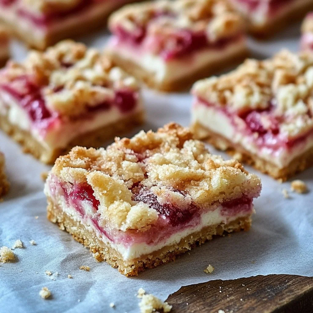 Delicious Rhubarb Cream Cheese Bars with a creamy topping and tart rhubarb flavor.
