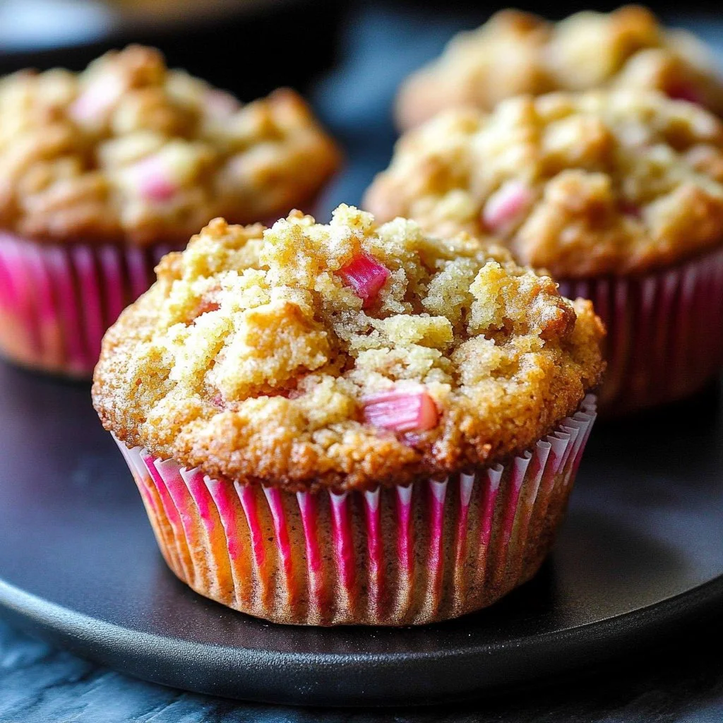Freshly baked rhubarb muffins with slices of rhubarb on top.