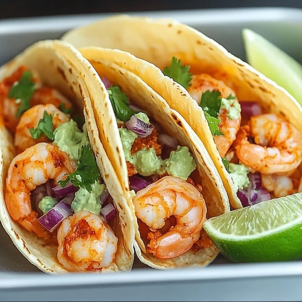 Delicious shrimp tacos served with fresh toppings and lime wedges.