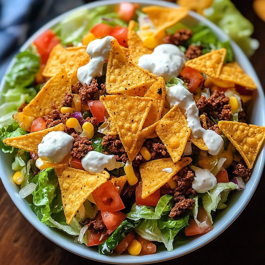 Simple Doritos taco salad with colorful toppings in a serving bowl