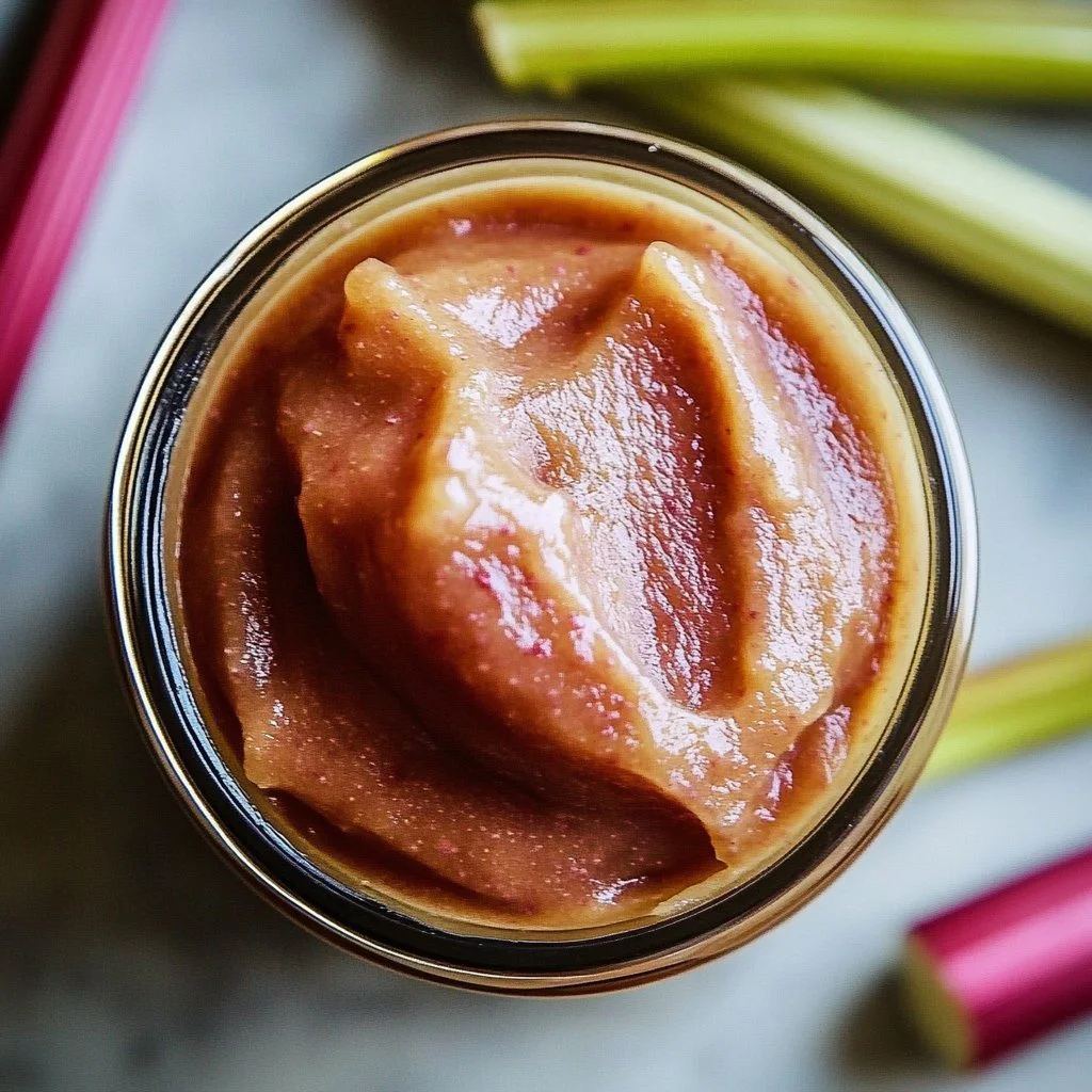 Jar of homemade rhubarb butter with rhubarb stalks on the side