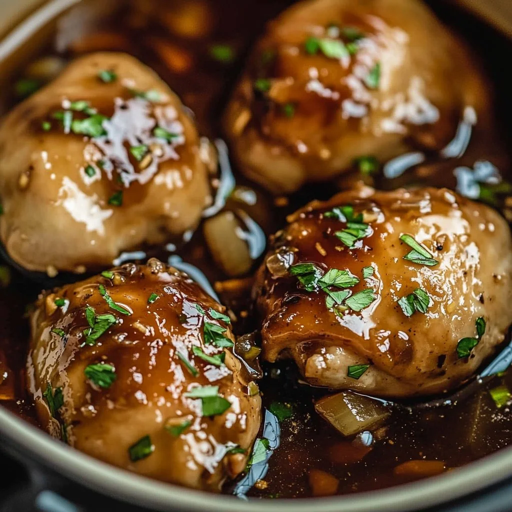 Slow cooker brown sugar garlic chicken dish garnished with green onions