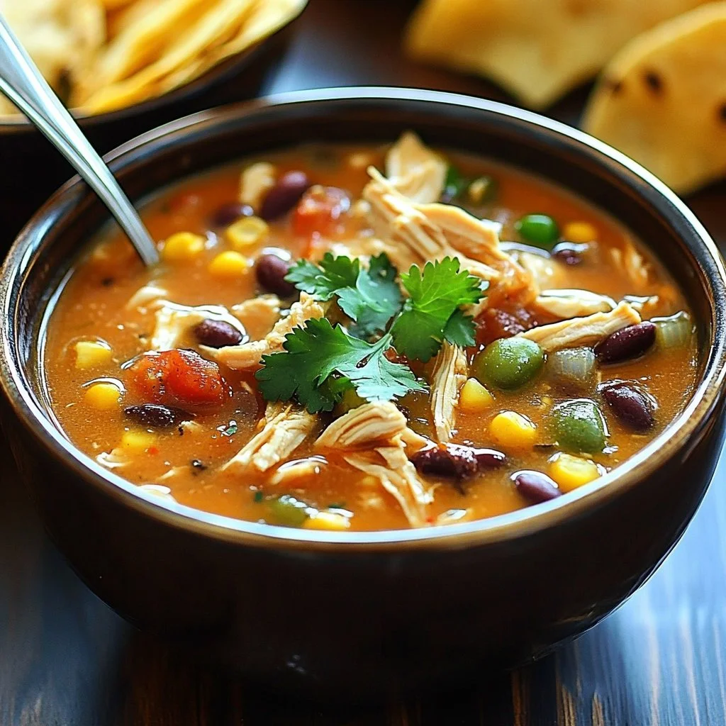 Bowl of slow cooker chicken tortilla soup topped with crispy tortilla strips.