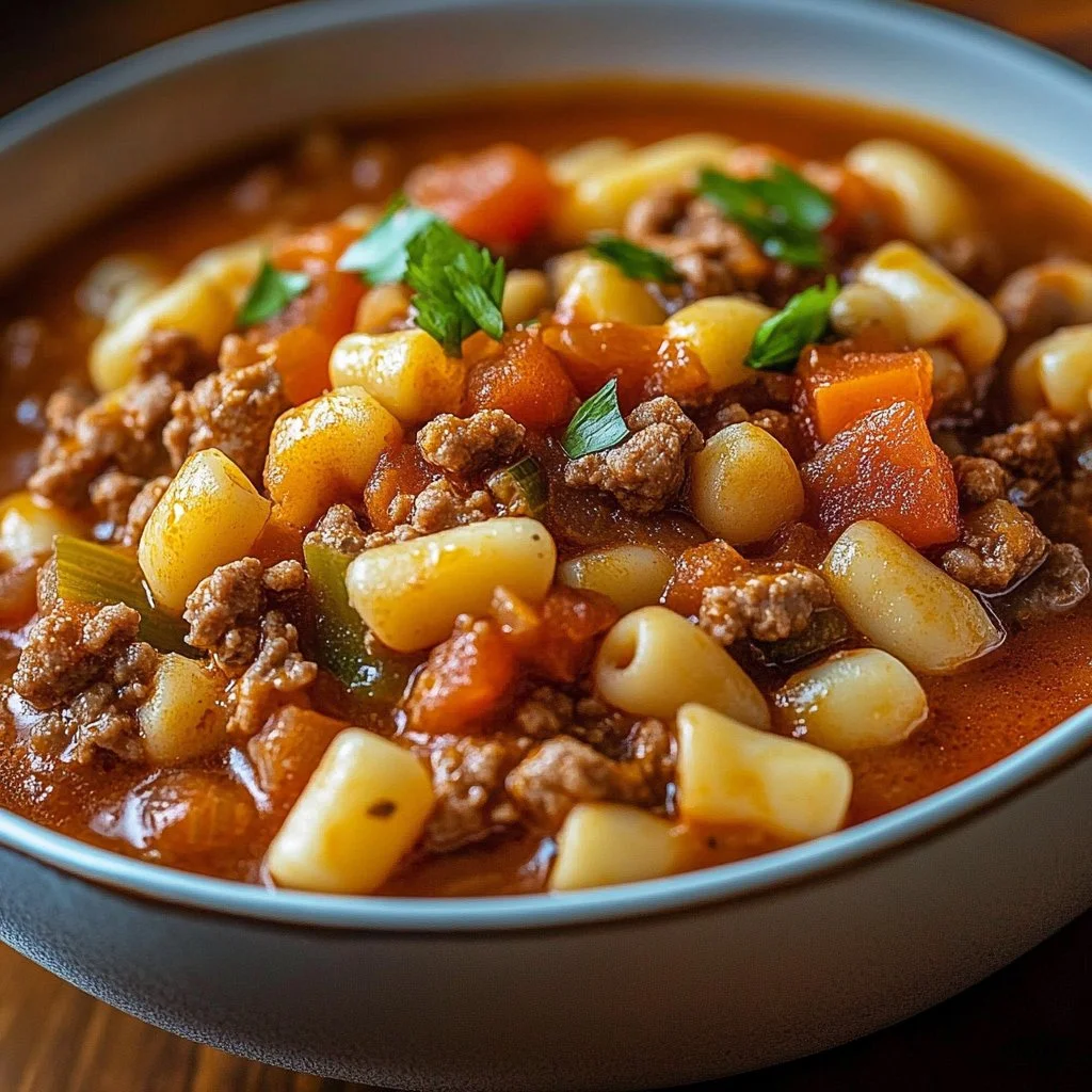 A bowl of Southern Style Goulash featuring pasta, beef, and rich tomato sauce.