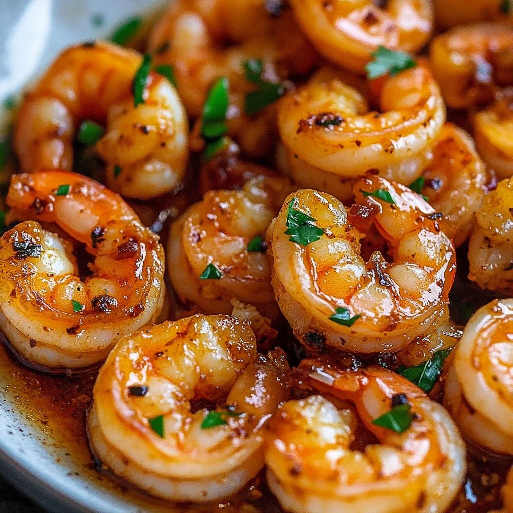 Delicious spicy garlic butter shrimp served on a plate with herbs and spices