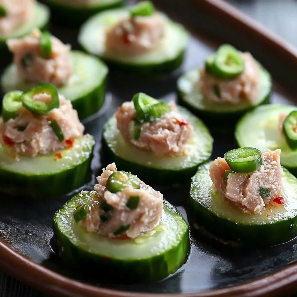 Spicy tuna cucumber bites served on a platter as a tasty appetizer.