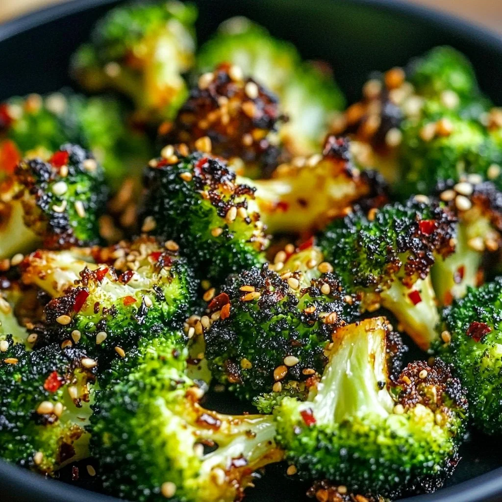 Delicious Sweet Chili Roasted Broccoli garnished and ready to serve.