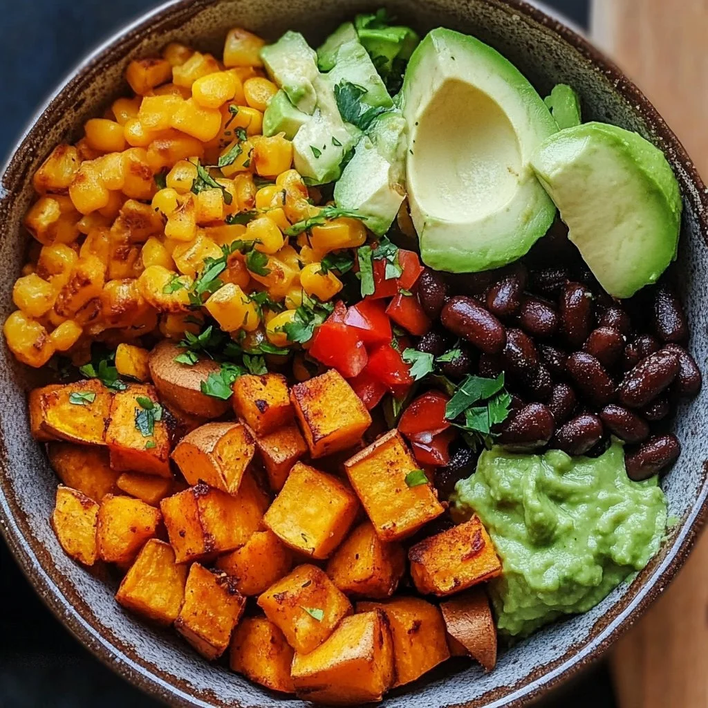 Vegan Sweet Potato Burrito Bowl topped with fresh ingredients and spices