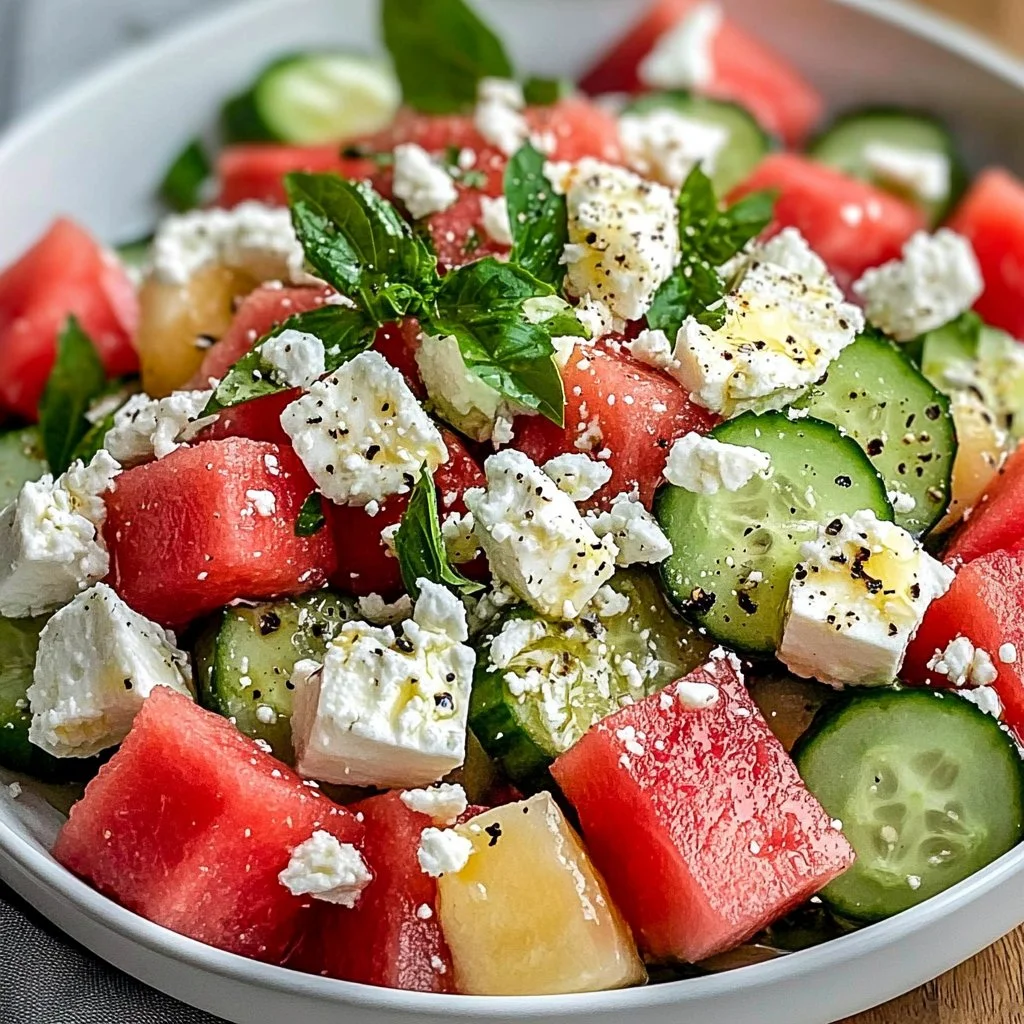 Fresh watermelon cucumber feta salad with mint and lime dressing