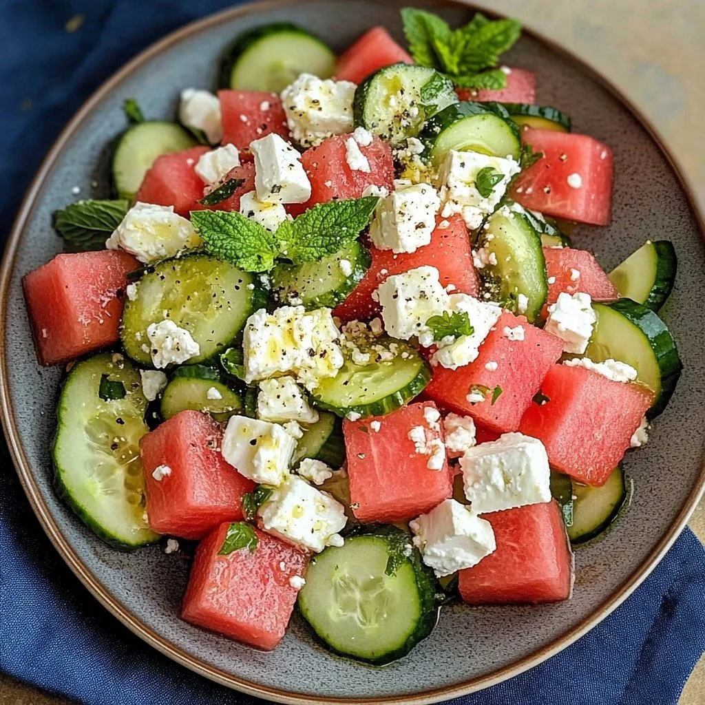 Refreshing watermelon feta cucumber salad with vibrant colors and textures.